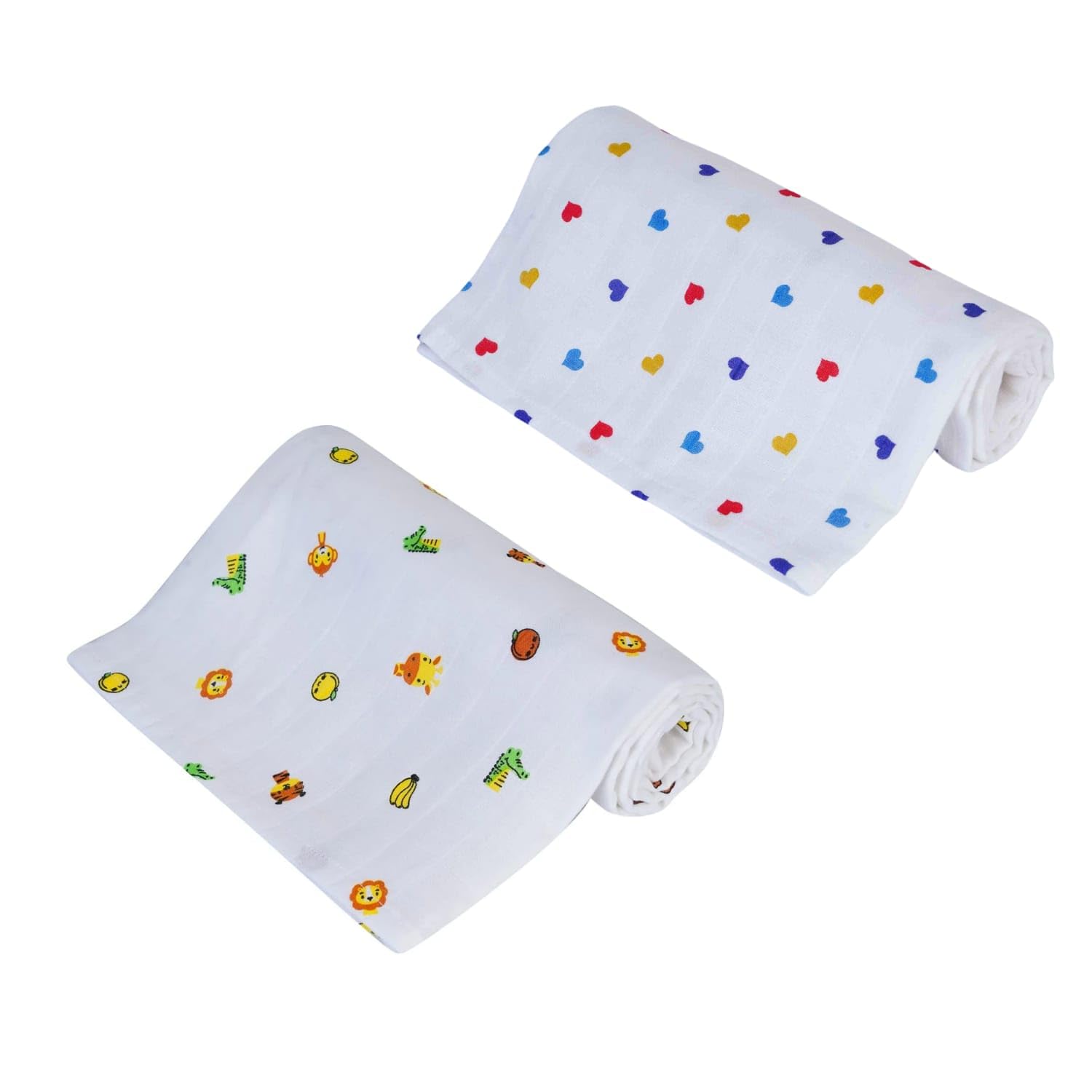 KIN and TIN Cotton Muslin Baby Swaddle Set, Pack of 2 Size -100cm x 80cm, Hearts Animal Printed on White, 100% Muslin Fabric Wrap for Baby |-image-8