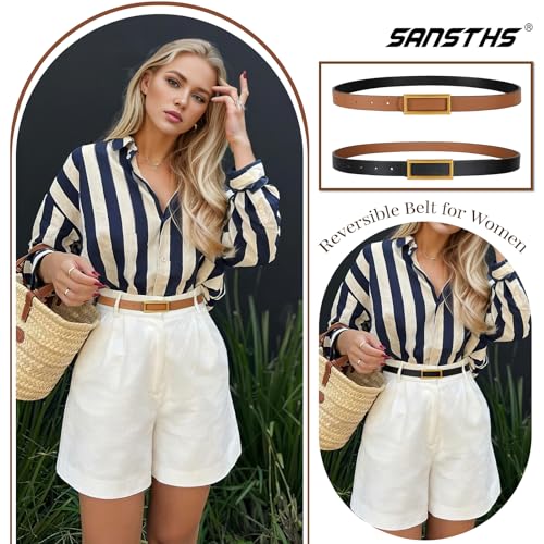 SANSTHS Skinny Reversible Belts for Women, Two-in-one Women Thin Belt for Dresses Jeans Pants with Gold Buckle