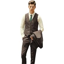 Wehilion Retro Herringbone Tweed Suit for Men Vest Pant Set 2 Pieces Men Suits
