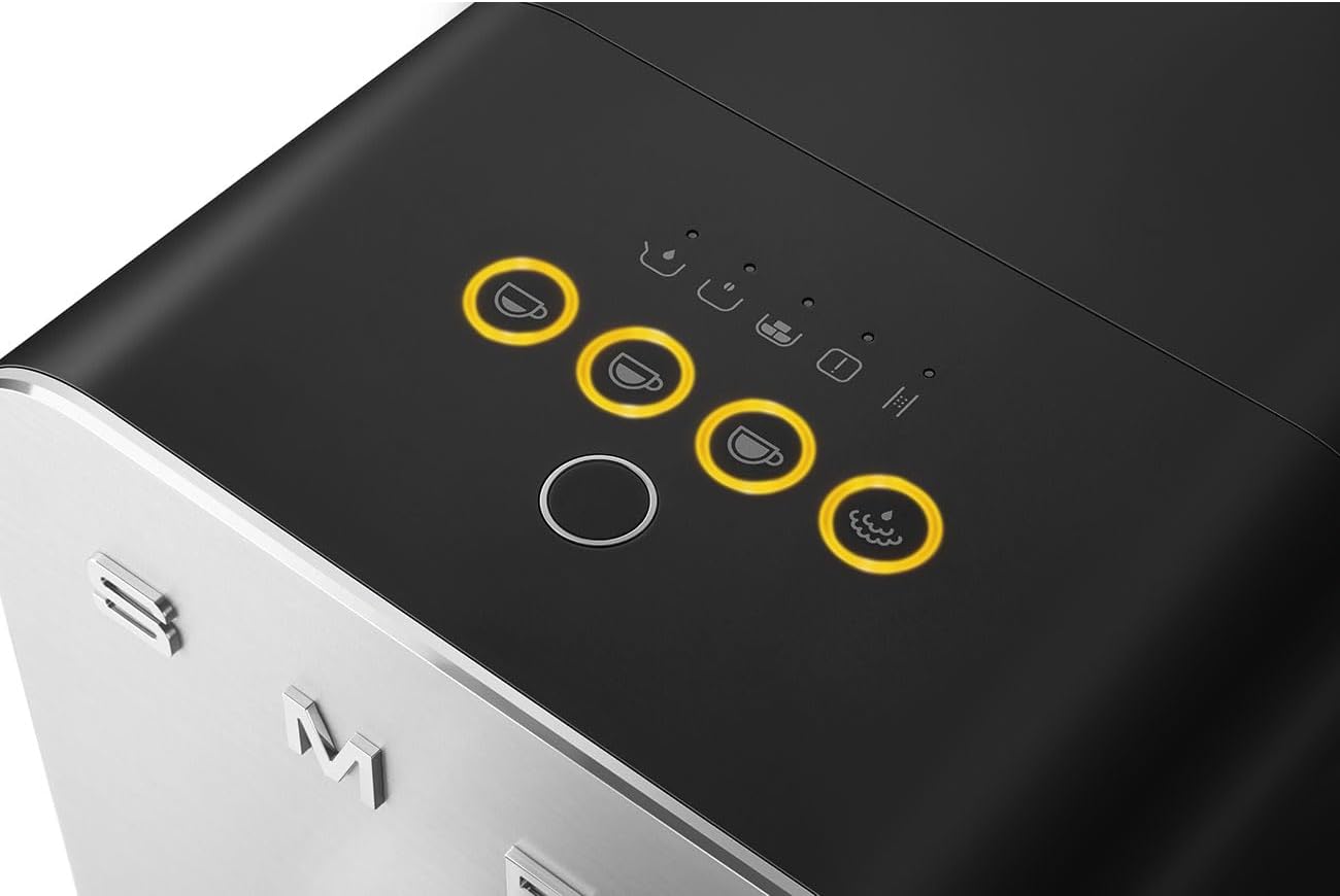 Close-up view of the Smeg coffee machine's control panel with illuminated beverage selection buttons.