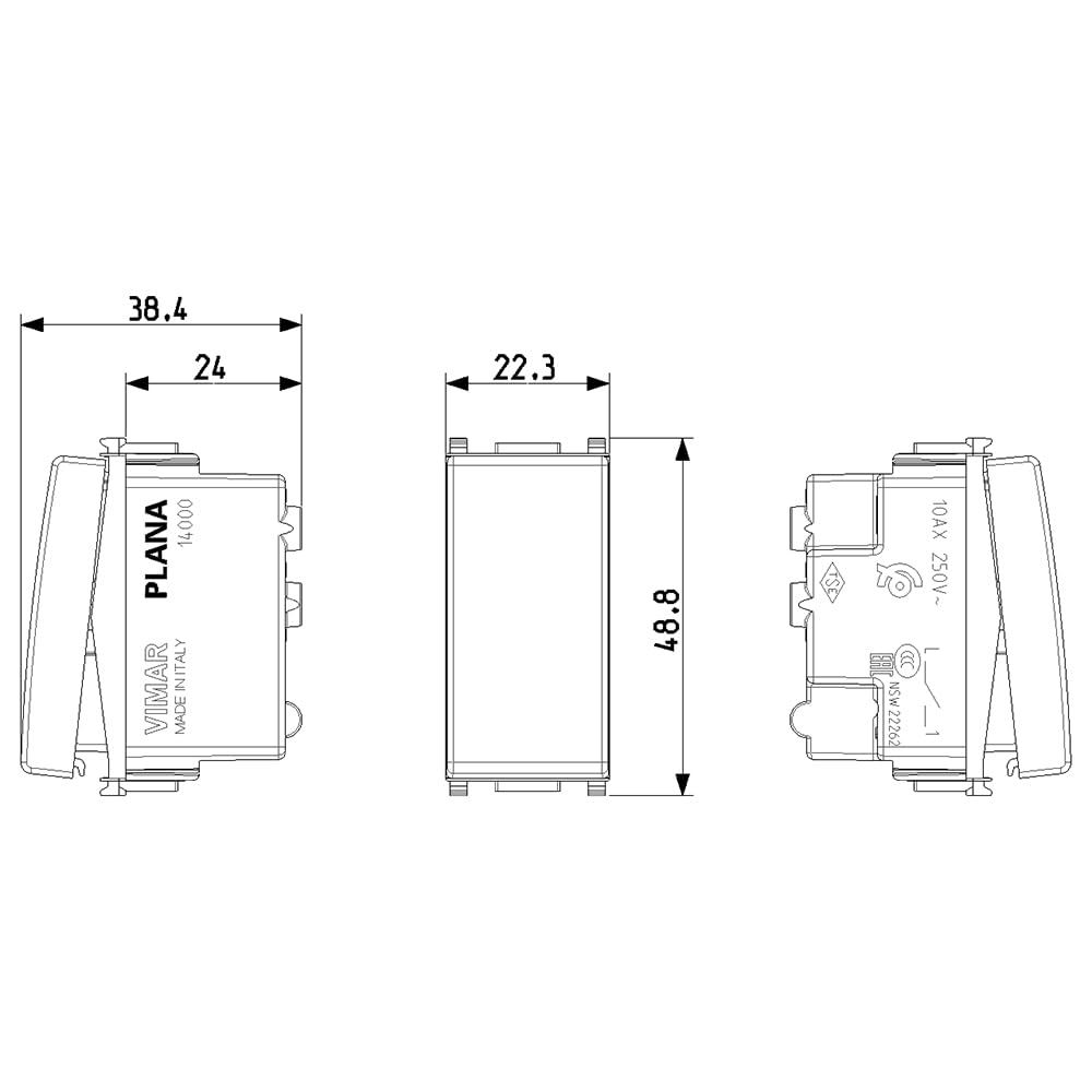 Vimar 0T14000 Plana Interruttore 1P 10 AX 250 V~, 5 pezzi, illuminabile (unità di segnalazione non fornita), tasto sostituibile, bianco