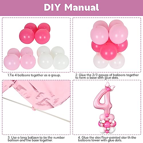 Image of 40 Inch Pink Number 4 Balloon Tower 4th Birthday Decorations for Girls | Large Pastel Baby Hot Pink White Number Four Foil Balloons Stack Set 4 Years Old Princess Fourth Birthday Party Decorations