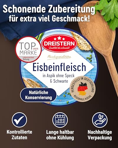 DREISTERN Eisbeinfleisch in feinem Aspik 200g I Ohne Speck & Schwarte I Herzhafte Spezialität in recyclebarer Konservendose I Lange Haltbarkeit dank natürlicher Konservierung I Hausmacher Qualität