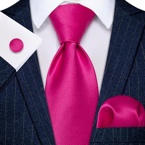 Image of YourTies Hot Pink Ties for Men Silk Necktie Pocket Square Cufflinks Set Solid Color Formal Business Party Wedding