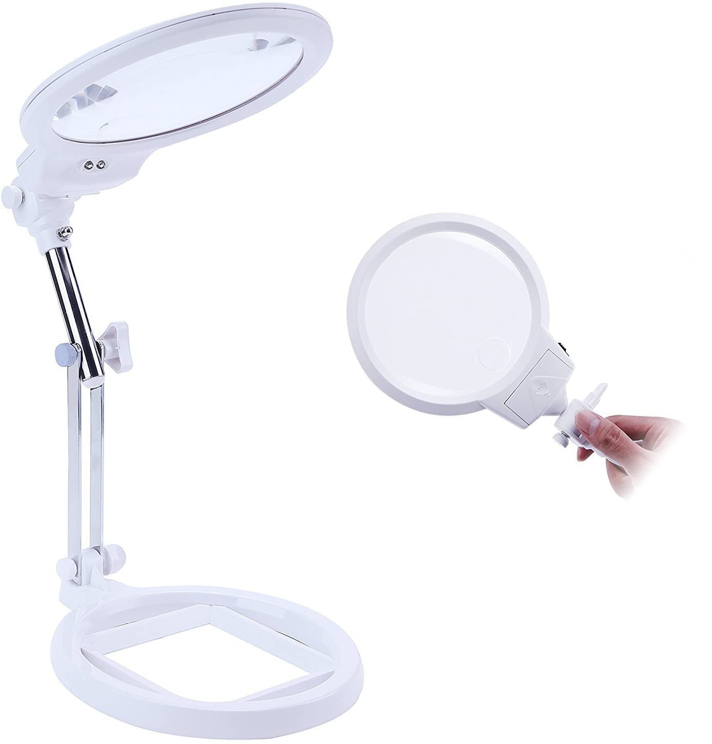 Large Magnifier Folding & Hand held 2LED Light Lamp Jumbo 5.5 Inch Lens - Best Hands Free Magnifying Glass for Reading and Jewelry Design etc