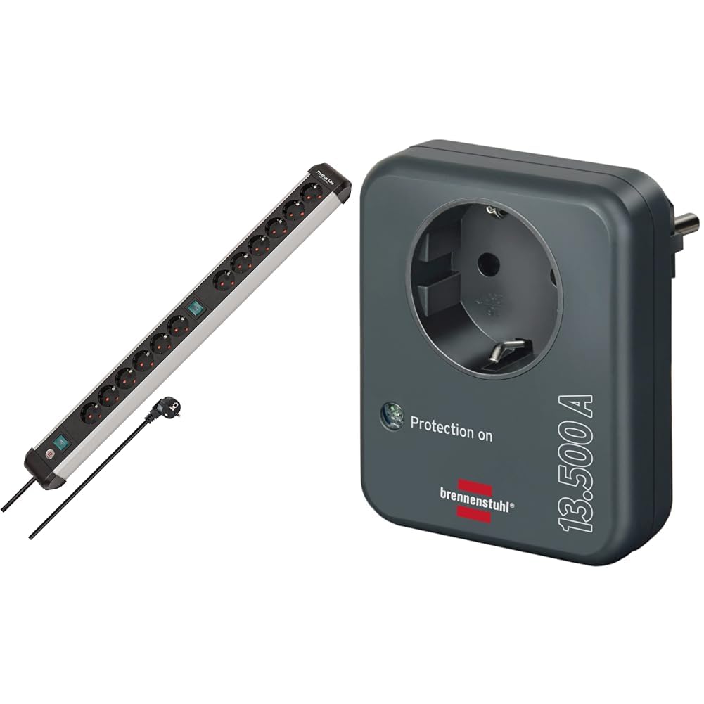 Brennenstuhl Premium-Alu-Line Steckdosenleiste 12-Fach/Steckerleiste aus hochwertigem Aluminium & Steckdosenadapter mit Überspannungsschutz 13.500 A