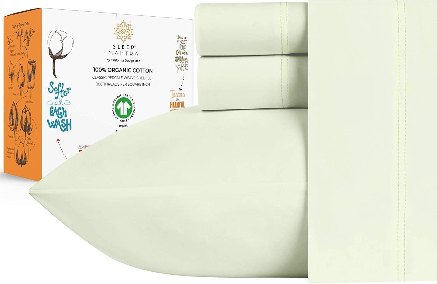 Sleep Mantra Premium 100% Organic Cotton Queen Bed Sheet Set - Soft & Cooling Percale Weave - 4 Piece Bedding Set with Deep Pocket - GOTS Certified - Breathable & Eco-Friendly (Queen, Pistacho Green)