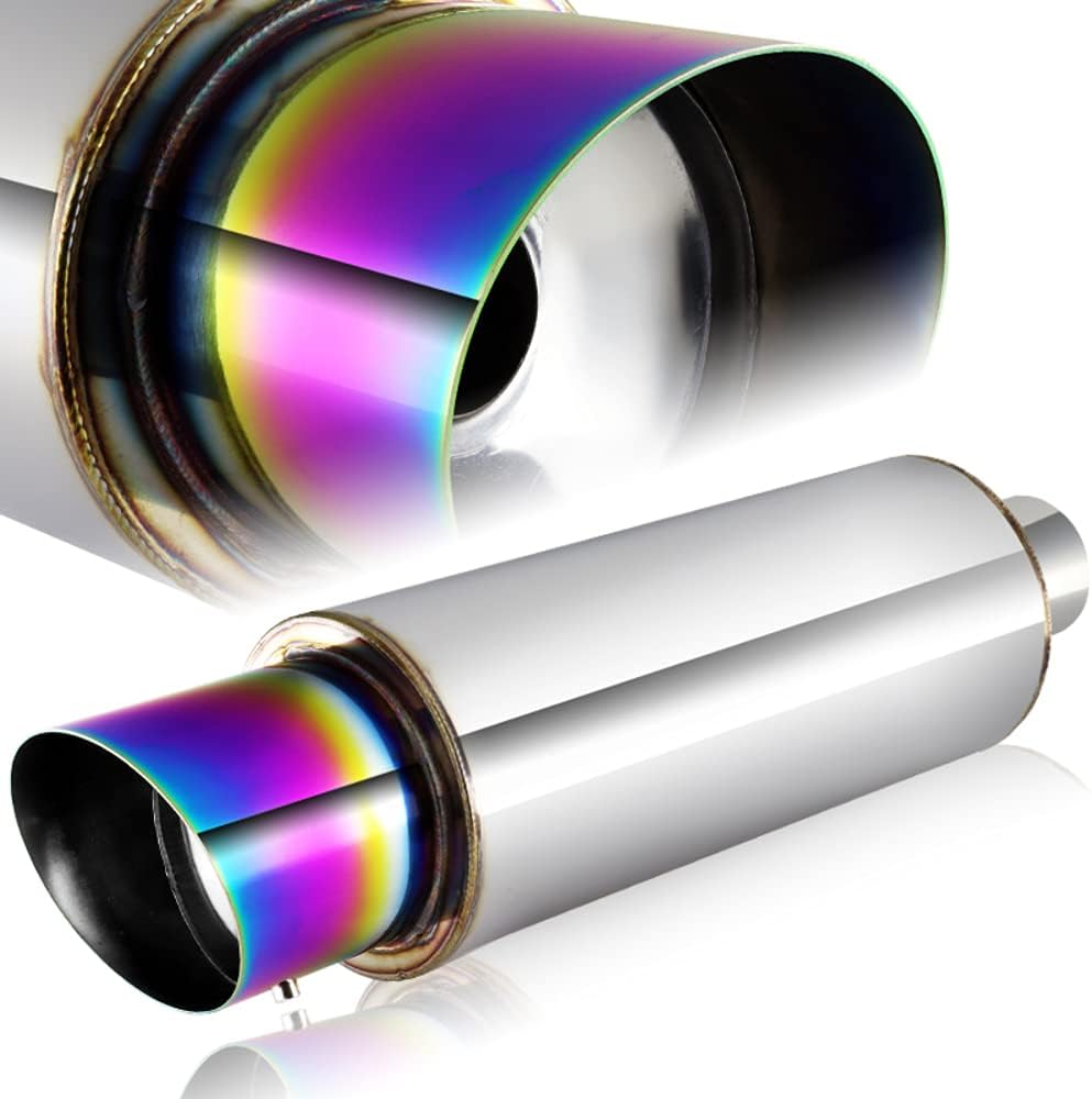 Universal 2.5" Inlet 4" Outlet Rainbow Slant Burnt Exhaust Tip Muffler Stainless Steel Universal 19" Length, Rainbow Burnt Tip, Weld On, Exhaust Muffler with Silencer (JDM N1 Style)
