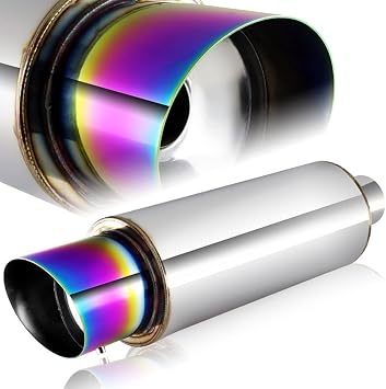 Universal 2.5" Inlet 4" Outlet Rainbow Slant Burnt Exhaust Tip Muffler Stainless Steel Universal 19" Length, Rainbow Burnt Tip, Weld On, Exhaust Muffler with Silencer JDM N1 Style