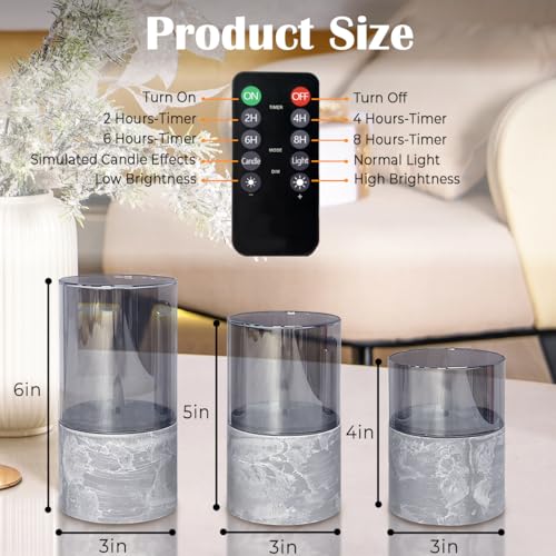Image of LEDHOLYT Rechargeable Marble Flameless Candles, Gray Glass LED Pillar Candle with Remote & Timer,Decorative Candles for Living Room, Bedroom, Holiday Decor & Gifts for Women,Set of 3