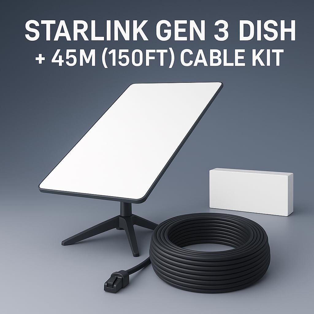 Starlink Gen 3 Standard Satellite Internet Kit – Dish with Wi-Fi 6 Router + Extra 150FT Cable – High-Speed, Low-Latency Internet for Rural and Remote Homes