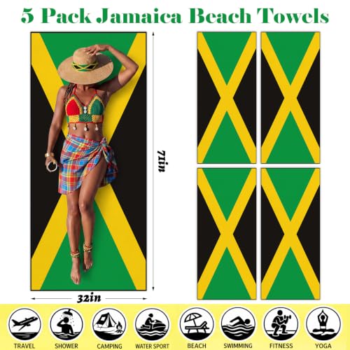Image of Breling 5 Pack Jamaica Flag Beach Towel Oversized Lightweight Beach Towels 71 x 32 in for Women Men Quick Dry Sand Free Bath Towels for Jamaica Independence Day Beachs Pool Party Supplies
