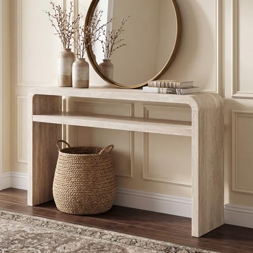 Hyfirm 51 Inch Long Modern Console Table for Entryway, Travertine Style Sofa Table Behind Couch, 30&rdquo; Tall Hallway Tables with Lower Shelf, Simple Beige Wooden Console for Living Room, Foyer, Apartment