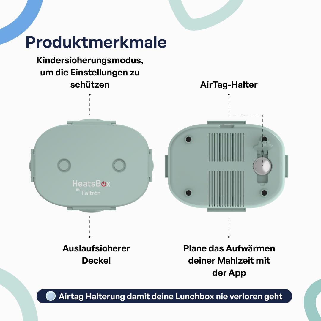 Faitron HeatsBox Go Kids – Beheizbare Lunchbox für Kinder, 540-ml-Edelstahlbehälter, integrierter Akku (100 W) und App-Steuerung, tragbarer Speisenwärmer für Schule/Reisen - Green