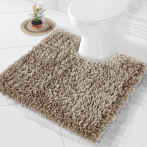 Image of Yimobra Toilet Rugs U Shaped Washable, Extra Thick Soft Absorbent Chenille Contour Bathroom Rugs for Toilet 24x24 Inch, Quick Dry Non Slip Toilet Mat for Bath Floor, Camel