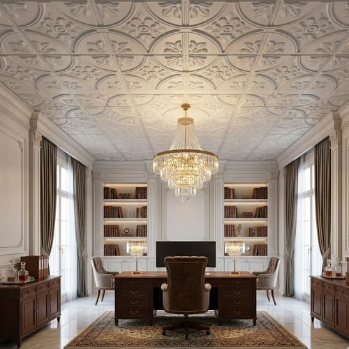 Image of Kayra Decor PVC Ceiling Panel 60x60 cm|Ornamental Floral Panel|White|50 Tiles Cover 200 Sq Ft| Modern False Ceiling|Royal & Elegant Finish