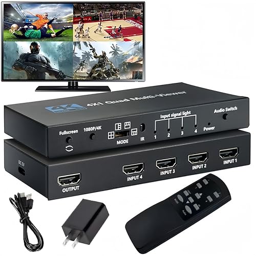 4K HDMI Multiviewer 4X1 with IR Remote SIGRAPID Screen Divider 4 HDMI in 1 Out Seamless Switch 1 4 Way Display Supports 4K@60Hz(YUV)/4K@30Hz(RGB)/1080P Full HD HDCP1.4 5 View Modes 1×1 2×2 1＋3 etc.