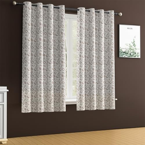 Image of Yellow Weaves 1 Pc Jacquard Botanical Eyelet Window Curtain - Perfect for Home, Office, Bedroom, Living Room & Balcony - 5 Feet (Brown)