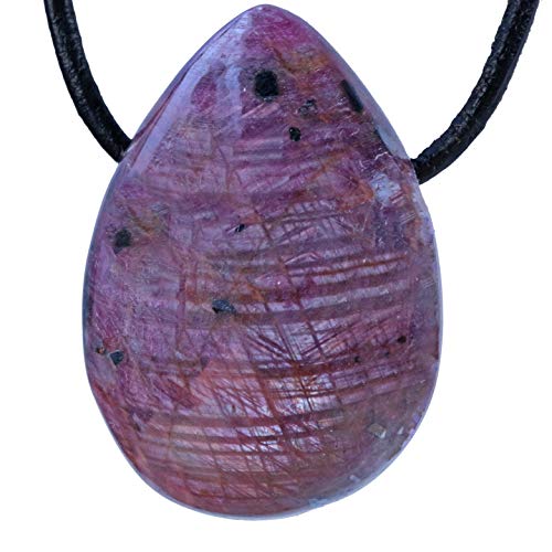 Preisvergleich Produktbild Lebensquelle Plus Sternrubin Tropfenanhänger / Gebohrter Trommelstein Anhänger mit Lederband / Hochwertiger Edelsteinanhänger