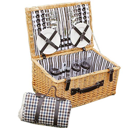 Zxllyntop-Sports Picnic Basket Wicker Picnic Basket Set For 4 Persons | Large Willow Hamper, Free Waterproof Blanket And Cutlery Service Kit for Family Outdoor Parties Travel Picnic BBQ