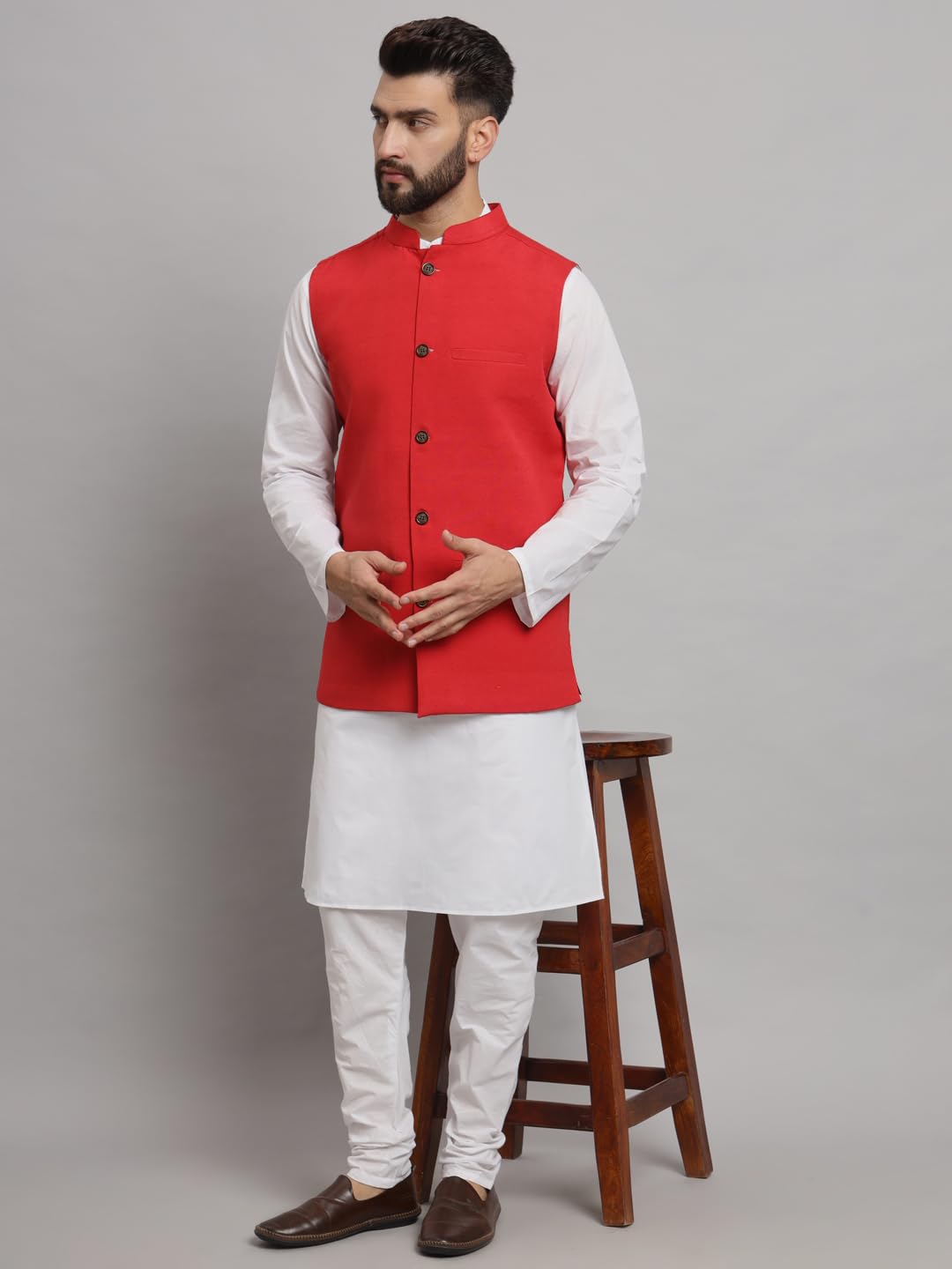 LATEST CHIKAN Men's Traditional Cotton Solid Nehru Jacket/Waistcoat -SADRI-DB-R-36 - Image 3 thumbnail