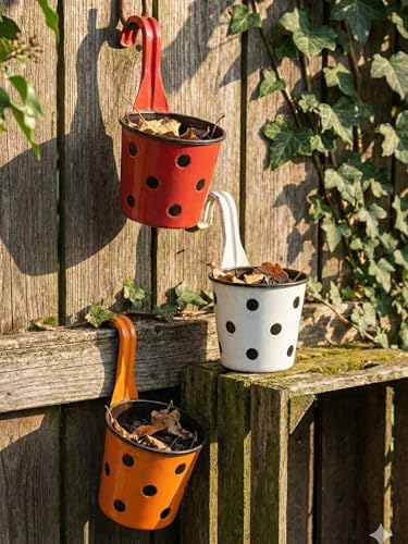 Image of Premium Polka Dot Hook Planter with Inner Pot | Sturdy Plastic Hanging Pots for Balcony Railings | Indoor & Outdoor Gardening (3 Pot, Multicolour)