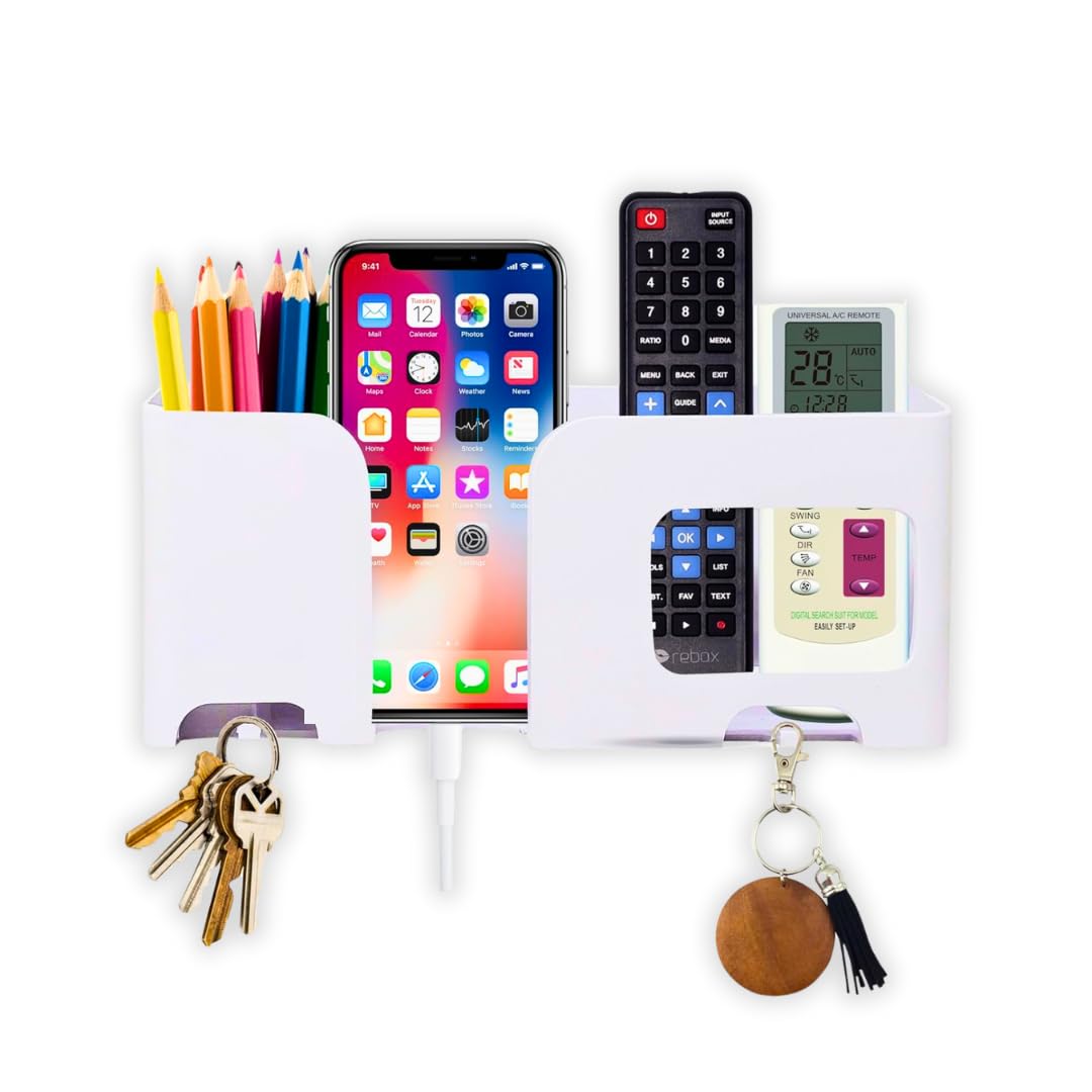 theKiteco. Wall Mounted Mobile Stand Storage Case for Remote Stand, Multi Purpose Mobile Holder Stand with Key Hanger - No Drill Required (White) (B0D2W9WP65) Amazon Price History, Amazon Price Tracker