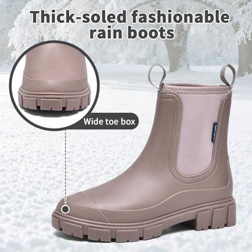 GemChve Gummistiefel Damen Winter, Chelsea Boots Gefüttert Wasserdicht, Gummistiefeletten Halbhohe Gartenschuhe, Rutschsicher Regenschuhe, Abriebfest Komfort Schlupfstiefel Brown 41 EU