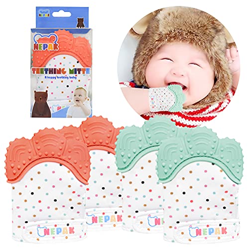 Image of NEPAK Teething Mitten 2 Pairs-Baby Glove Stimulating Teether Toys for Boys & Girls-Teething Glove for Child (Coral and Mint Colours)