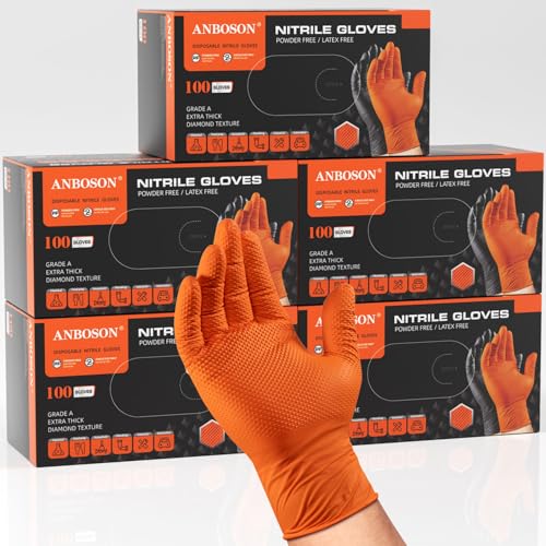 Image of ANBOSON 10 Mil Heavy Duty Industrial Nitrile Gloves, Orange Medium 500 Ct | 500 Ct Diamond Texture, Disposable Latex Free Rubber Gloves for Auto Repair,Workshop,Warehouses,Chemical Handling Industrial