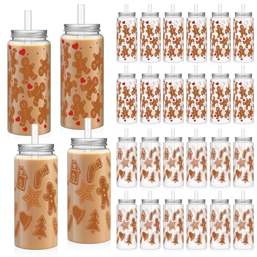 Romooa 24 Pcs Christmas Gingerbread Man Cups Xmas Reusable Bottles with Lids and Straws Christmas Plastic Tumbler for Holiday Party Iced Coffee Hot Cocoa Tea Beverage Drinking