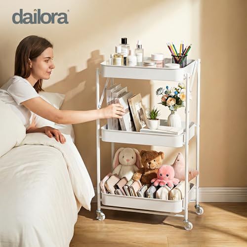 Image of Multipurpose Foldable Kitchen Storage Trolley | Heavy Metal 3-Tier Utility Cart for Storage | Portable Cart for Kitchen, Bedroom, Office | Kitchen Rack with Lockable Wheels (White)