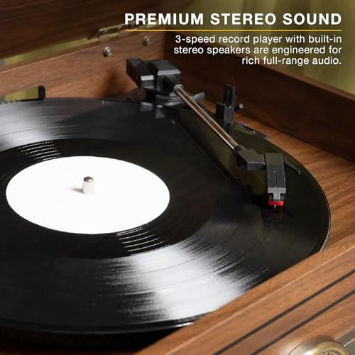 Image of Victrola Quincy - 6-in-1 Bluetooth Record Player - Walnut | Plays vinyl, CD, cassette and FM radio through built-in stereo speakers, Bluetooth and aux streaming, headphone jack