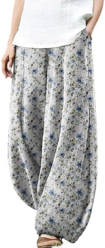 Boho Pants for Women Summer Baggy Pants Comfortable Breathable Printed Pants for Women with Pockets Fashion Elastic Waist Pants for Women Fit Lantern Trouser,irisbule,3XL
