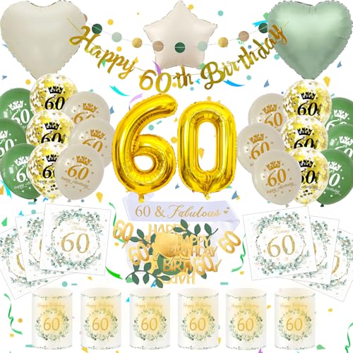 Presente decoração homem mulher 60 anos, 60th Happy Birthday decoração balões verde dourados guardanapo lanterna faixa grinalda confetes de 60 anos homem mulher (ornamentos de aniversário 60 anos)