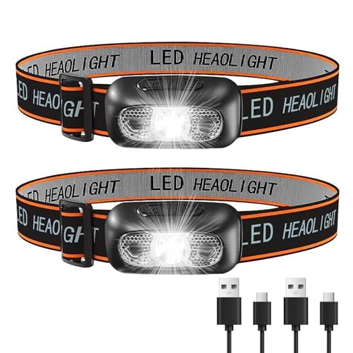 2 Pack Head Torch Rechargeable, Lightweight Super Bright Led Headlamp Waterproof Headlight with Sensor Control 2 Light Modes Adjustable Angle Headband for Camping Hiking Running Fishing Cycling