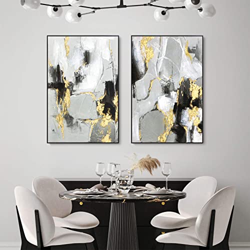 Image of Grey Abstract Wall Art Decor- 2 Pack 24 inch x 36 inch Grey and Gold Canvas Wall Decor with Hand Texture for Living Room, Bedroom, Office, Framed, Ready to Hang