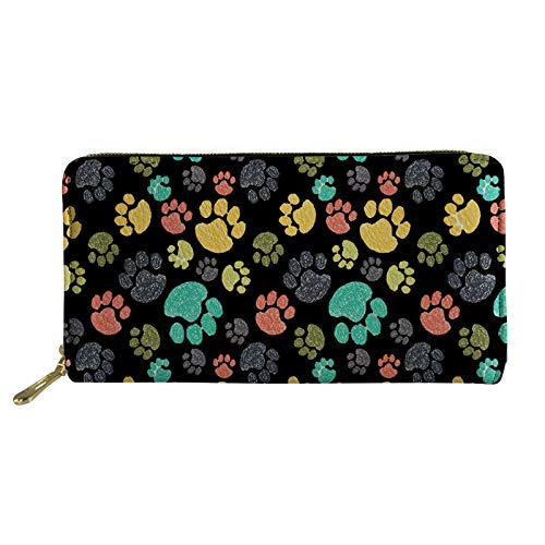 WELLFLYHOM Cartera grande de piel con cremallera alrededor de la tarjetero, organizador de viaje para mujer, Colorido estampado de huellas de perro, L, Cartera de viaje