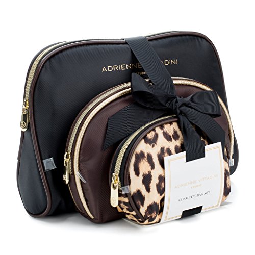 Adrienne Vittadini Cosmetic Makeup Bags: Compact Travel Toiletry Bag Set in Small, Medium and Large for Women and Girls - Black and Brown Leopard