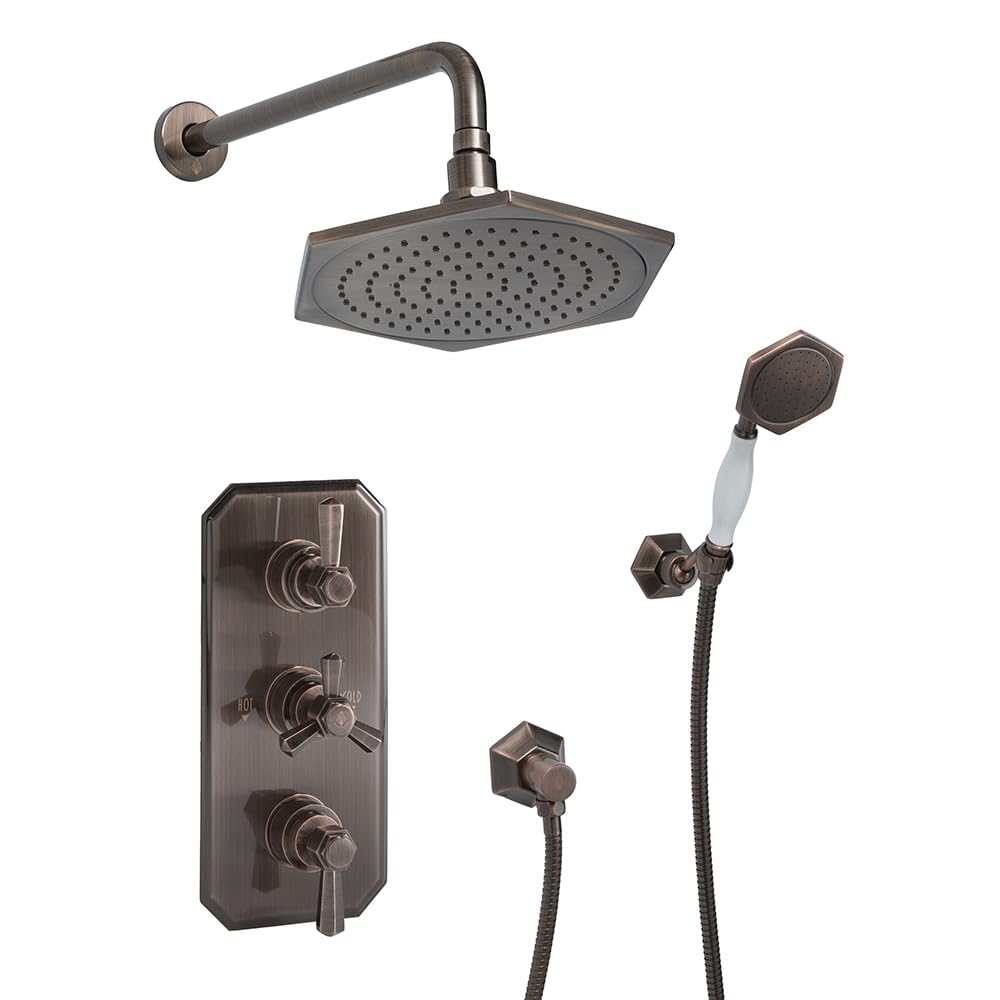 Milano Aged Bronze Earlham Art Deco Triple Thermostatic Mixer Valve Shower Head Handset