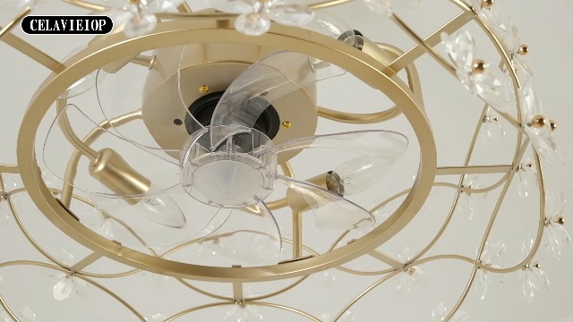 Image of 20 inch Gold Fandelier Ceiling Fan with Light, Flower Crystal Chandelier Ceiling Fan with Light and Remote Control, Modern Caged Enclosed 6 Speeds for Girl's Bedroom, Nursery, Living Room