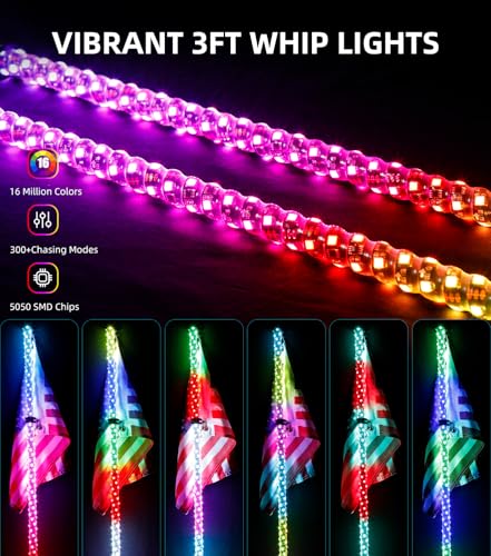 Image of ZIMABLUE 2PC 3FT Whip Lights for Side by Side, App & Remote Control RGB Chasing Lighted Whips with 3 Switchs for ATV UTV Dune Buggy Truck,LED Whip Light Compatible with Polaris RZR Can-Am Maverick X3