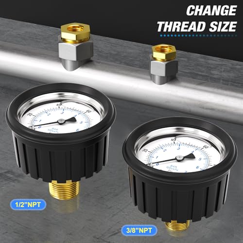 Image of MEANLIN MEASURE 0~100Psi Stainless Steel 1 /4 inch NPT 2.5 inch FACE DIAL,Liquid Filled Pressure Gauge, Center Back Mount (with Rubber Protective Sleeve), with 1 /2 inch NPT and 3 /8 inch NPT Hex Bushing