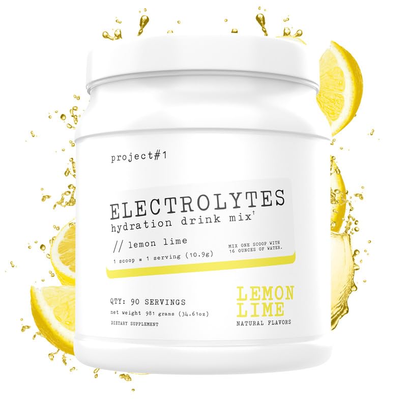 Project #1 Electrolyte Drink Mix - Lemon Lime Flavor - Enhanced Hydration with Potassium & Coconut Water - Low Calorie, High Performance Electrolyte Powder for Fitness & Endurance - 90 Servings