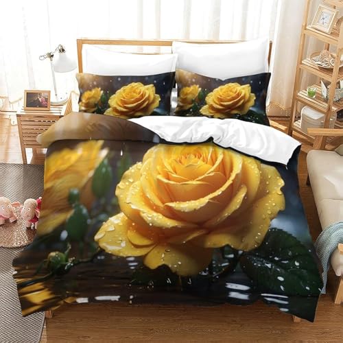 Bettwäsche 135x200 Kinder Gelbe Rose Weich Mikrofaser Tautropfen Bettwäsche-Sets 3D Bettbezug 3 Teilig Bettbezüge mit Reißverschluss und 2...