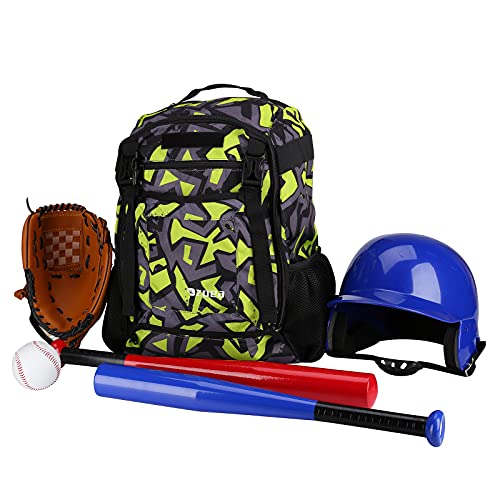 Zoea Baseball Bat Bag Backpack, T-Ball & Softball Equipment & Gear For Youth, Large Capacity Holds 2 Bats, Helmet, Gloves, Cleats, Helmet Holder And Includes Fence Hook (Green) #TOP4