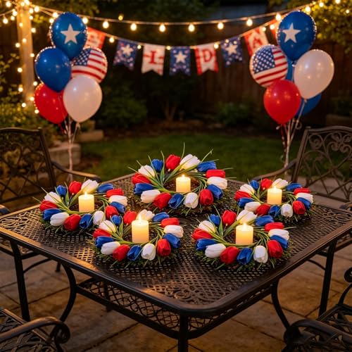 Image of 4 PCS 4th of July Candle Rings Wreaths Patriotic Tulip Silk Memorial Day American Flag Floral Candle Rings Holder with Red White and Blue Flower for Independence Day Labor Day Table Centerpiece Decor