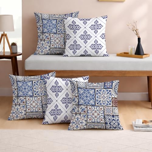 STITCHNEST Set of 5 Polycotton Cushion Covers – 24x24 Inches – Blue & White Persian Tile Print – Traditional Ethnic Cushion Covers for Sofa & Living Room Décor