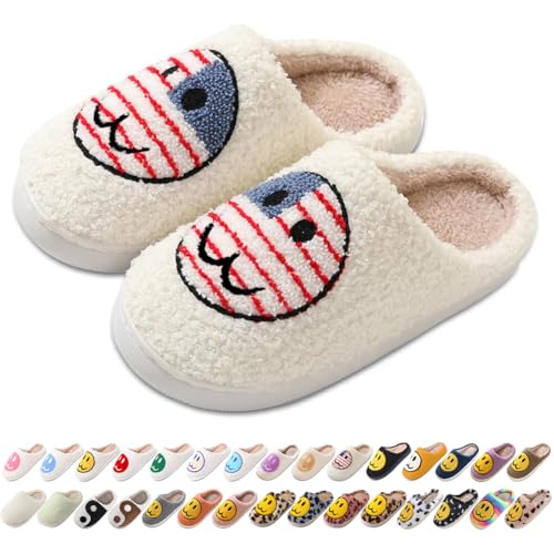 Image of Women's Men's Preppy Happy Face Slippers Comfy Warm Plush Slip-On House Slipper for Winter Indoor Soft Cushion Non-slip Fluffy Slides Slippers