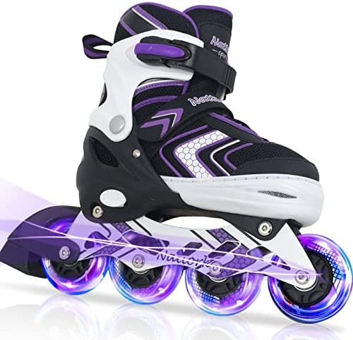 Nattork Blades Roller Skates for Girls with Full Light Up Wheels, Adjustable Beginner Inline Skates for Big Kids, Purple, Size 1 2 3 4